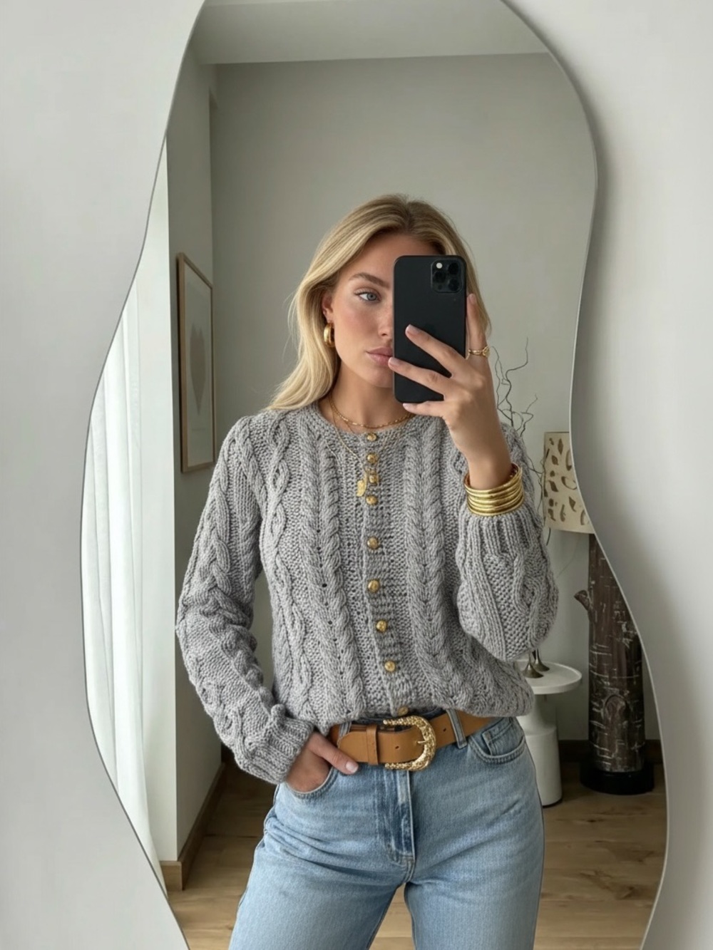 Handmade Gray Cable Knit Cardigan with Gold Buttons